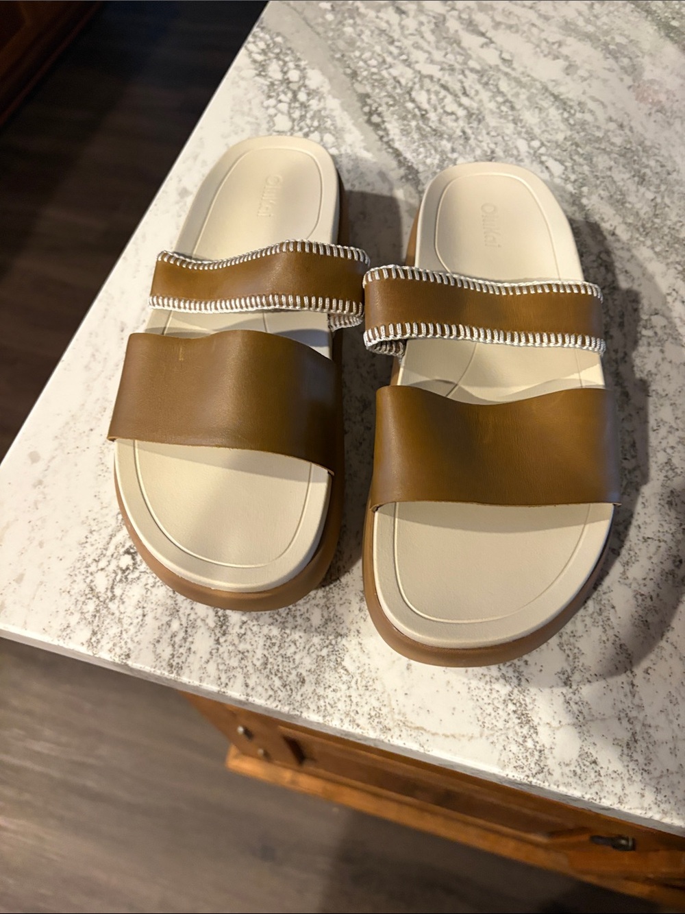 OluKai Women's Tan and Cream Double Strap Slide Sandals NWOT